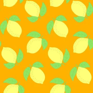 Seamless pattern, yellow lemon with green leaf, vector illustration Stock Illustration