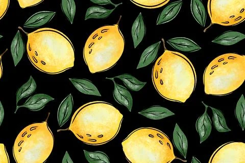 Seamless pattern yellow lemon with green leave on black background. Summer Stock Illustration