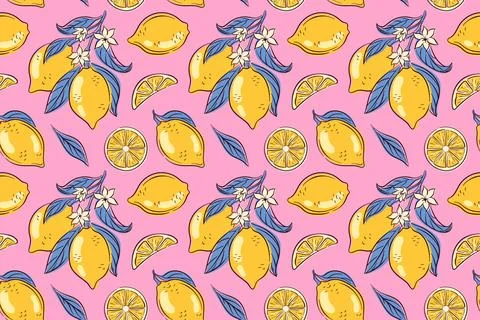 Seamless pattern with yellow lemon, green leaf, white flower on pink background Illustrazione stock