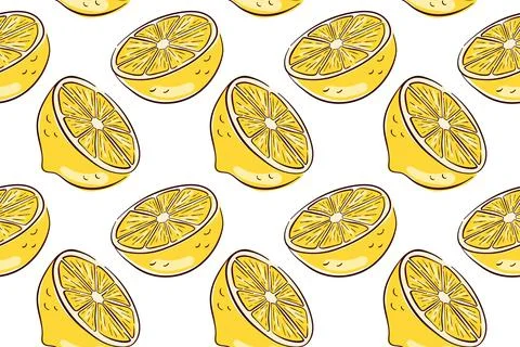 Seamless pattern of yellow lemon half with segments on a white background in Illustrazione stock
