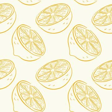 Seamless pattern of yellow lemon half with segments on a beige background in Illustrazione stock