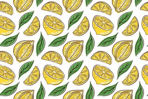 Seamless pattern with yellow lemon slice, half and green leaves in flat style on Stock Illustration
