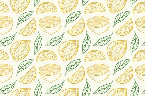 Seamless pattern with yellow lemon slice, half and green leaf in line art style Stock Illustration