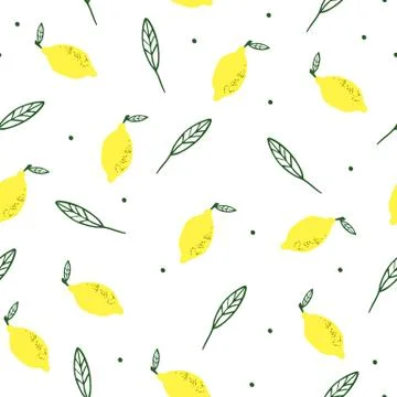 Seamless pattern with yellow lemons and leaves. Stock-Illustration