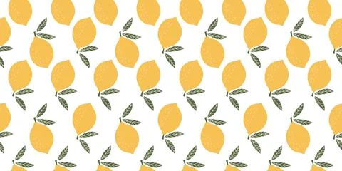 Seamless pattern with yellow lemons and green leaves on a white background. R Stock Illustration
