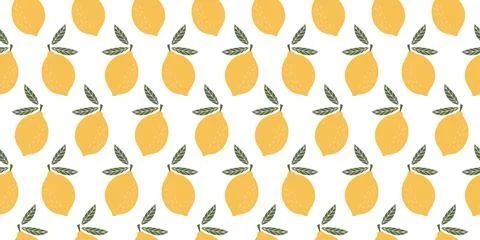 Seamless pattern with yellow lemons and green leaves arranged on a white ba.. Stock Illustration