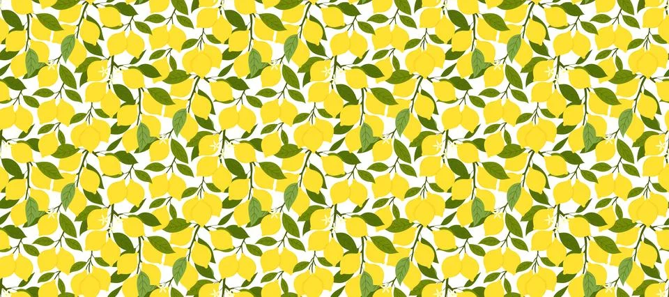 Seamless pattern with yellow lemons on branches with green leaves on white .. Stock Illustration