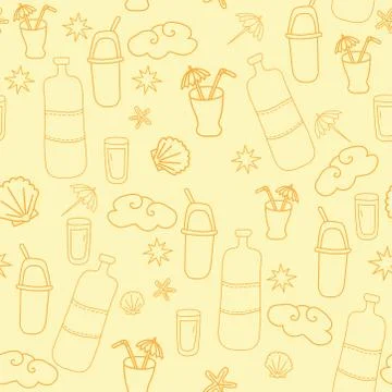 Seamless pattern. Yellow light background with shells, cocktails and a bottle Stock Illustration