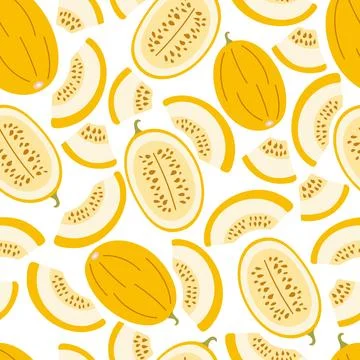 Seamless pattern of yellow melons, halves and pieces of melon on a white Stock Illustration