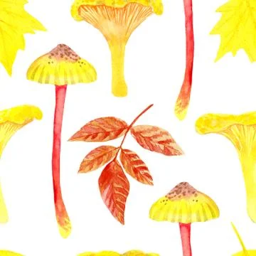 Seamless pattern with yellow mushrooms and branches on a white background Stock Illustration