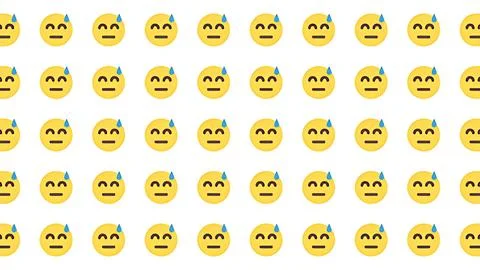 Seamless pattern of yellow nervous emoji faces with sweat drops on a white .. Stock Illustration