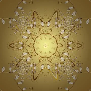 Seamless pattern on yellow, neutral and beige colors with golden elements. Tradi イラスト素材