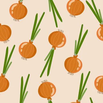 Seamless pattern. Yellow onion with green feather 스톡 일러스트