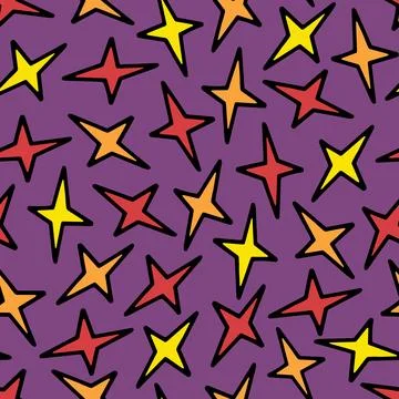 Seamless Pattern with Yellow, Orange and Red Doodle Stars. Stock Illustration