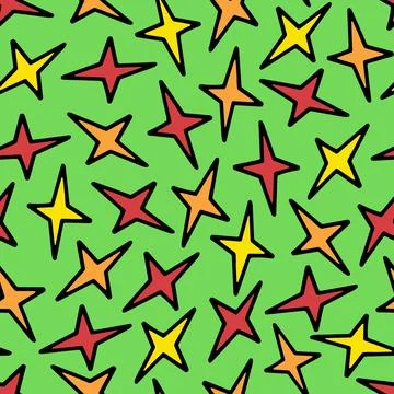 Seamless Pattern with Yellow, Orange and Red Doodle Stars. Stock Illustration
