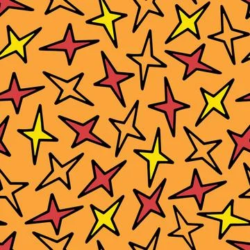 Seamless Pattern with Yellow, Orange and Red Doodle Stars. Stock Illustration