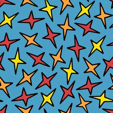 Seamless Pattern with Yellow, Orange and Red Doodle Stars. Stock Illustration