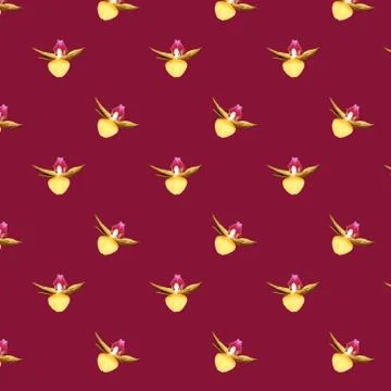 Seamless pattern of yellow Orchid flowers. Flowers on a Burgundy background. イラスト素材