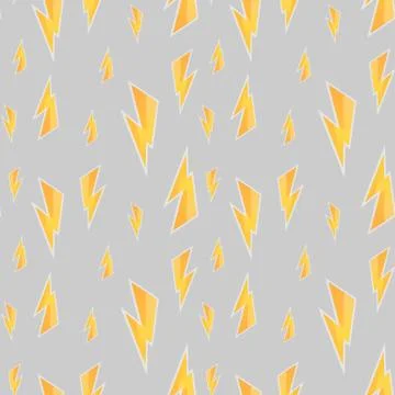 Seamless pattern with yellow painted thunderbolt, vector zipper, Stock Illustration