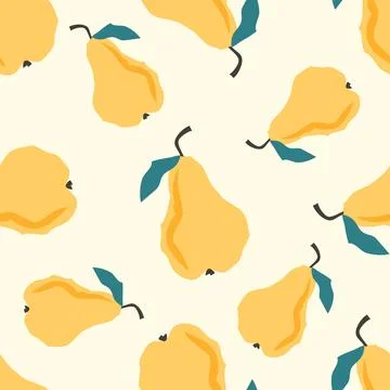 A seamless pattern of yellow pears with leaves on a beige background Illustrazione stock
