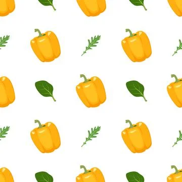 Seamless pattern with yellow peppers, arugula and basil 스톡 일러스트