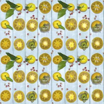 Seamless pattern of yellow persimmons and tangerines on turquoise wooden Stock Photos