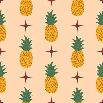 Seamless pattern with yellow pineapple, green leaves and stars in cartoon f.. Stock Illustration