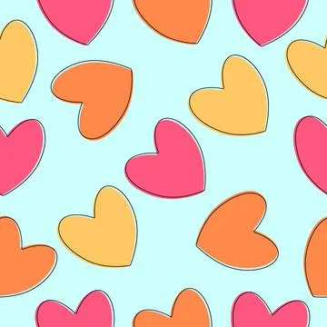 Seamless pattern with yellow, pink and orange cartoons, cute hearts with outline Stock Illustration