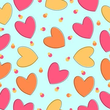 Seamless pattern with yellow, pink and orange cartoons, cute hearts and circles Stock Illustration