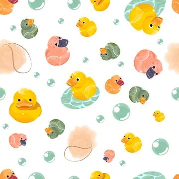 Seamless pattern with yellow, pink rubber ducks and soap bubbles on white Stock Illustration