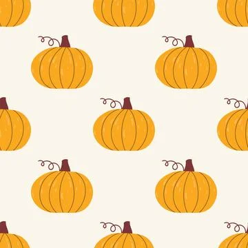 Seamless pattern with yellow pumpkin in cartoon flat style on light beige b.. Stock Illustration