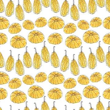 Seamless pattern of yellow pumpkins, hand drawn with black ink and felt-tip pens Stock Illustration