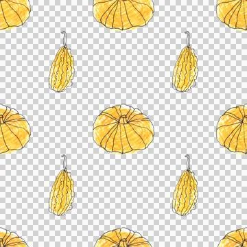 Seamless pattern of yellow pumpkins, hand drawn with black ink and felt-tip pens Stock Illustration