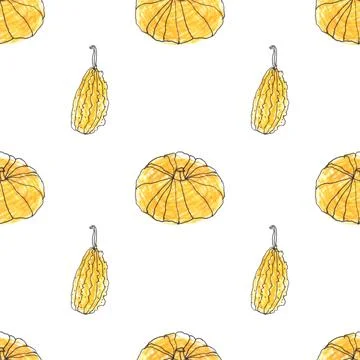 Seamless pattern of yellow pumpkins, hand drawn with black ink and felt-tip pens Stock Illustration