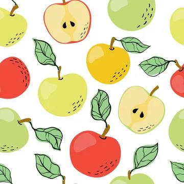 Seamless pattern with yellow, red and green apples and apple slices. Stock Illustration
