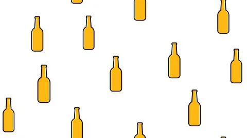 Seamless pattern of yellow repeating alcoholic beer glass bottles with beer f Stock Illustration