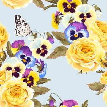 Seamless pattern with yellow roses and pansies Stock Illustration