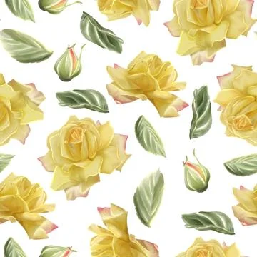 A seamless pattern of yellow roses and green leaves painted in watercolor, fe Stock Illustration