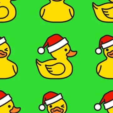 Seamless Pattern Yellow rubber duck in santa hat. Stock Illustration