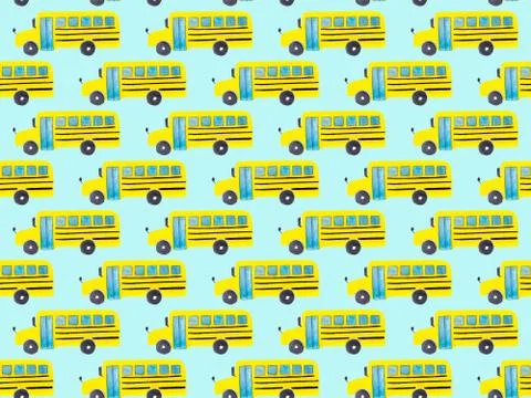 Seamless pattern with yellow school bus on blue background Stock Illustration