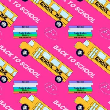 Seamless pattern with yellow school buses, stacked textbooks and chalk A plus Stock Illustration