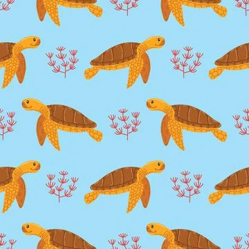 Seamless pattern with yellow sea turtle and red seaweed in cartoon flat sty.. Stock Illustration