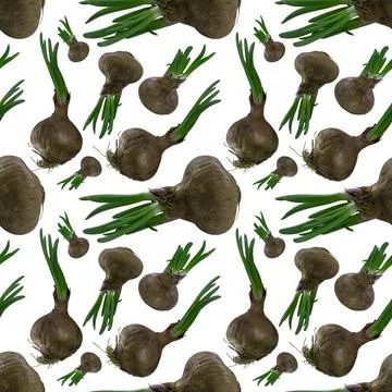 Seamless pattern with yellow sprouted onion bulbs Stock Photos