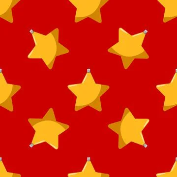 Seamless pattern with a yellow star Christmas tree toy on a red background. Stock Illustration