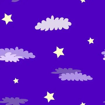 Seamless pattern with yellow stars and violet clouds. Stock Illustration