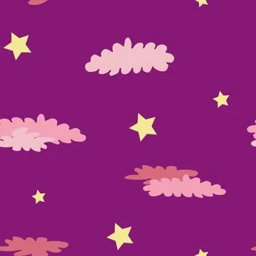 Seamless pattern with yellow stars and crimson clouds. Stockillustratie