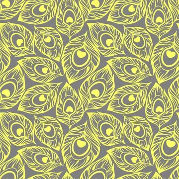 Seamless pattern of yellow stylized peacock feathers on a gray background, .. Stock Illustration