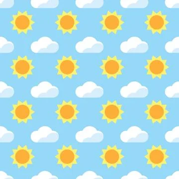 Seamless pattern yellow sun and white cloud on blue background. Blue sky with Stock Illustration