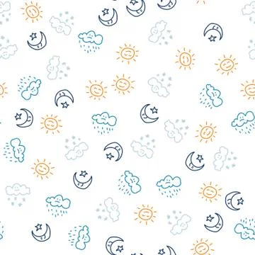 Seamless pattern yellow sun and moon with stars and white clouds with rain drops Illustrazione stock