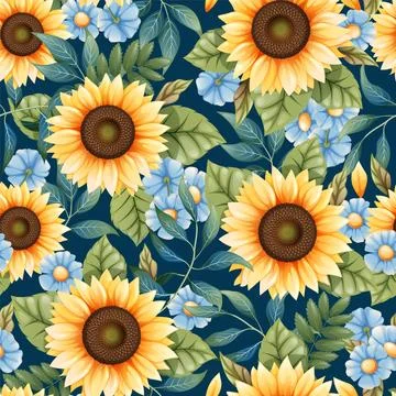 Seamless pattern with yellow sunflowers, blue daisies and colorful leaves. Au Stock Illustration